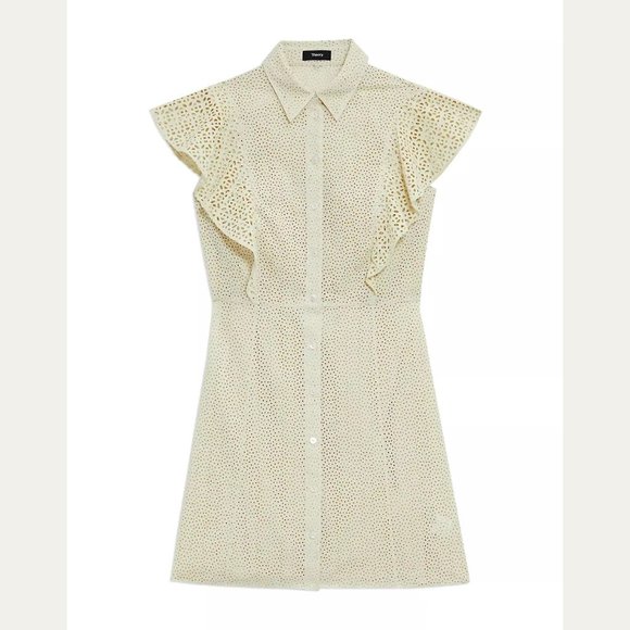 NEW Theory Size 12 Nova Eyelet Ruffle Sleeve Button Down Shirtdress - Ecru - Picture 1 of 5